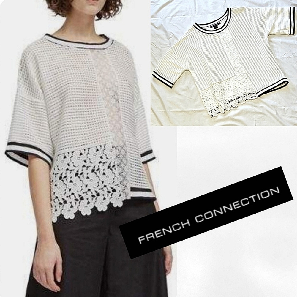 French Connection vosporos mixer round neck eyelet lace patchwork top